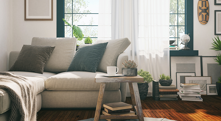 Picture of a domestic sofa in the living room. Render image.